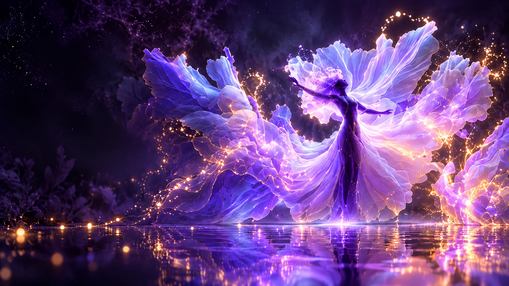 Hero editoriale · ricostruzione, non fotogramma Concept sintetico editoriale: una fata traslucida si apre in grandi veli viola e lilla, sopra un giardino notturno luminoso. — Hero editoriale · ricostruzione, non fotogramma