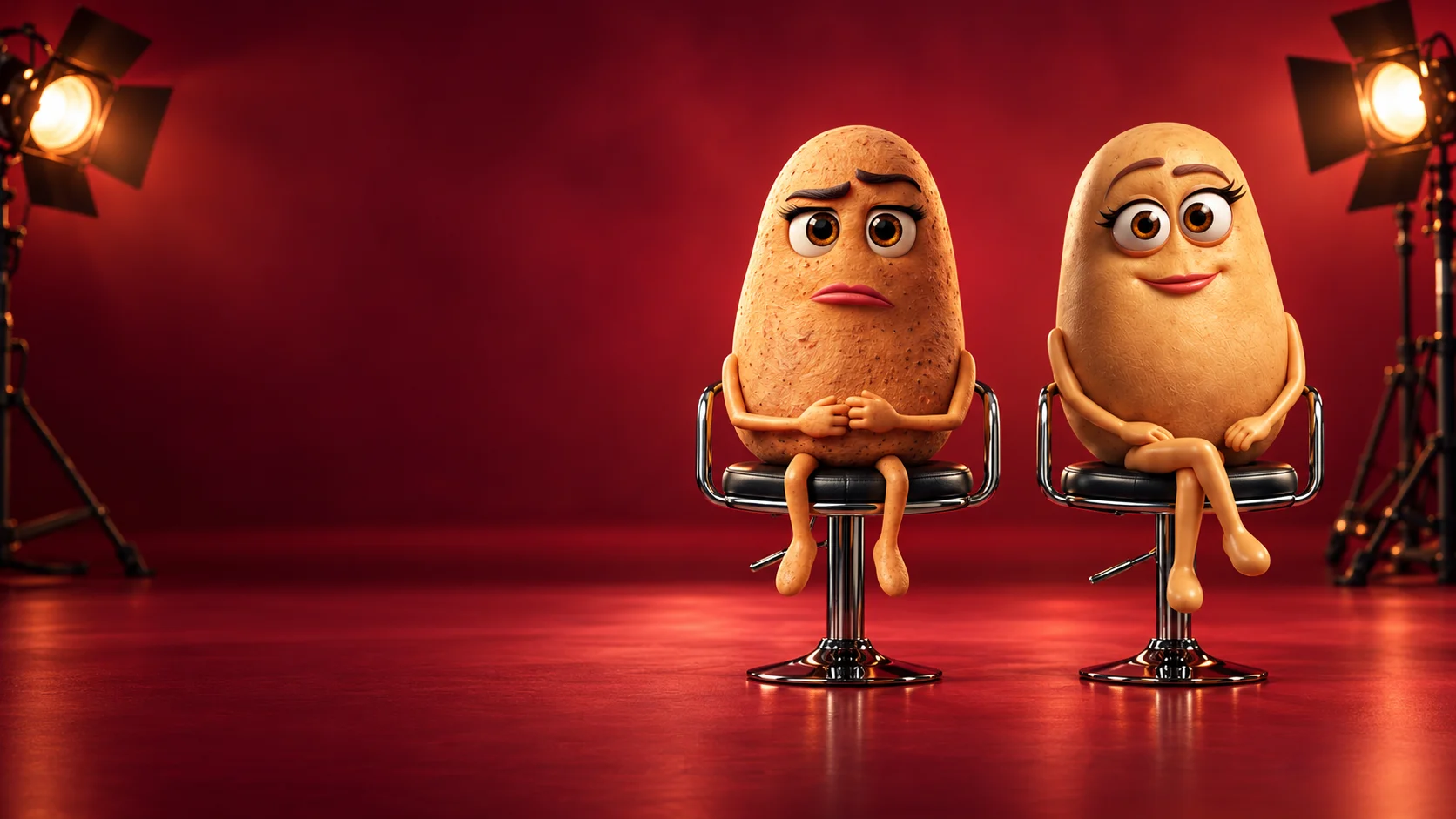 Hero editoriale · ricostruzione, non fotogramma Le due protagoniste di Le Potatoes sedute su due sedie da intervista, tra i fari di uno studio bordeaux. — Hero editoriale · ricostruzione, non fotogramma