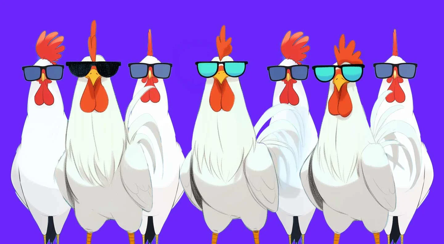 Galli bianchi schierati con occhiali su fondo viola — illustrazione originale di Il Gallo nell’AIA