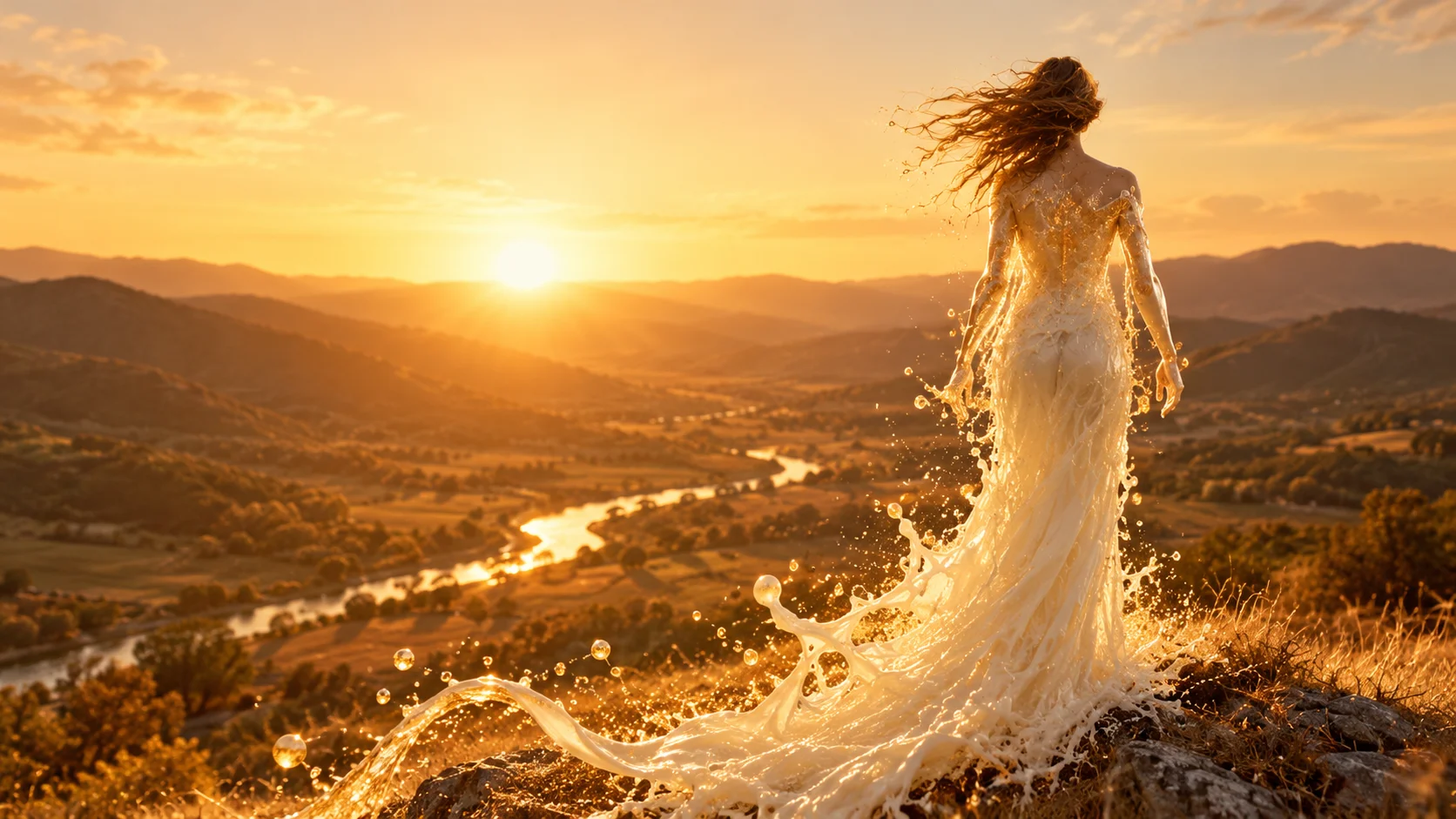Hero editoriale · ricostruzione, non fotogramma Ricostruzione visiva: una figura in abito fluido fra colline e luce dorata al tramonto. — Hero editoriale · ricostruzione, non fotogramma